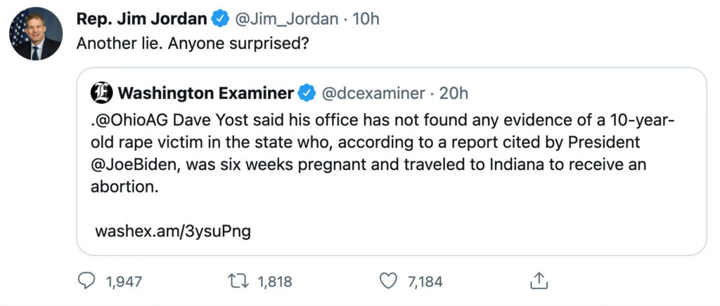 Jim Jordan Tweets That 10-Year Rape is a Lie